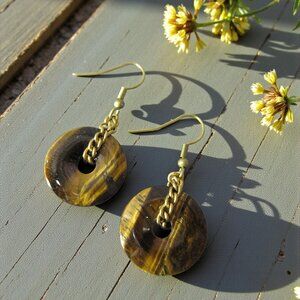 Tigers Eye Earrings, Golden Brass Curb Chain, Pierced